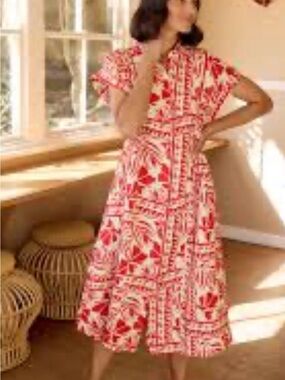 MAYE Margot Soleil Shirt  Dress Red Cream Floral Block-Print Women's Dress Sz S